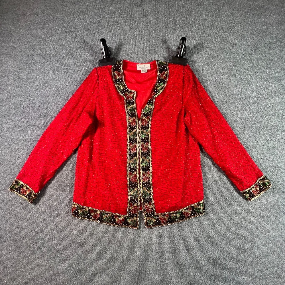 VTG Laurence Kazar Evening Jacket Womens Medium Red Silk Beaded Sequin Holiday